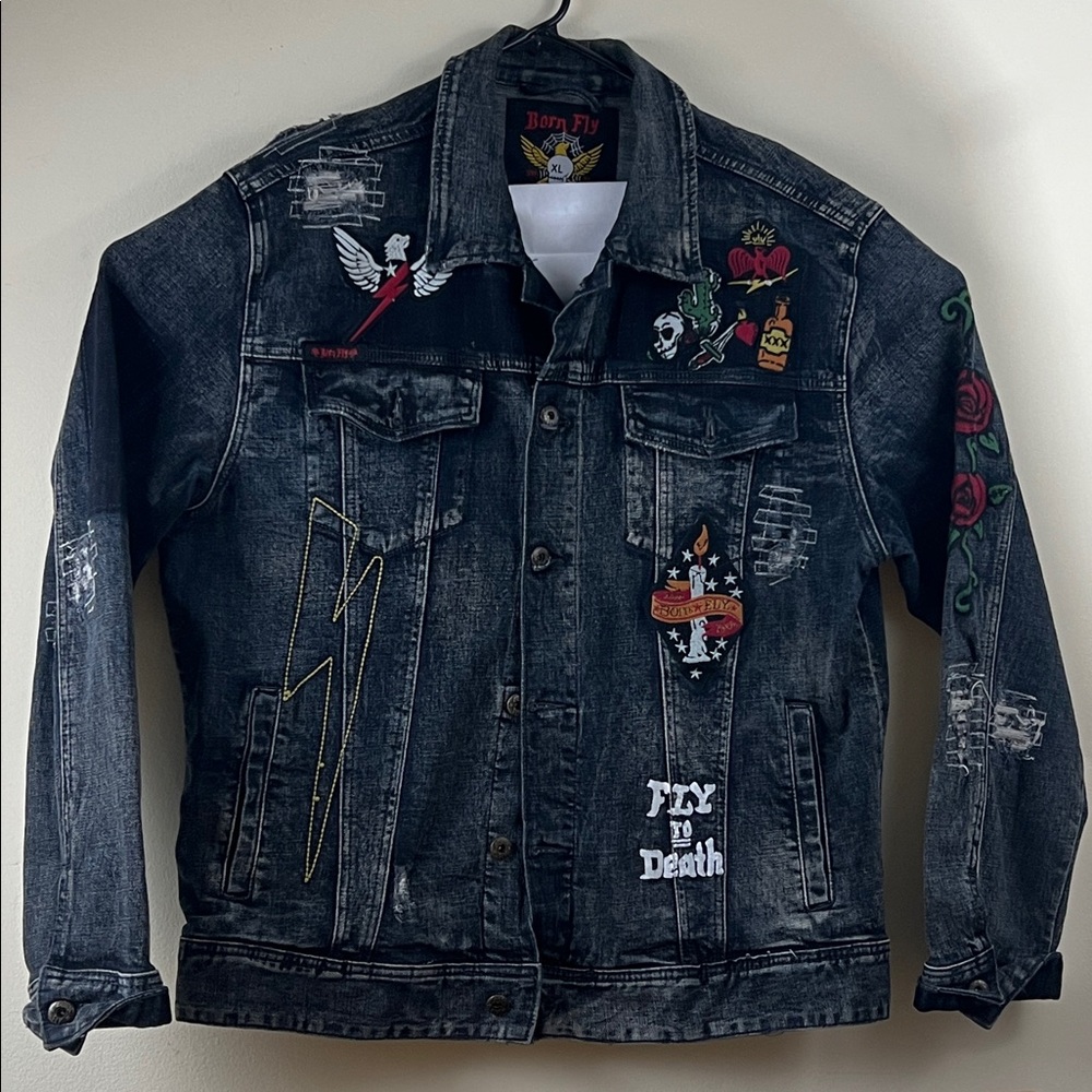 Born-Fly Distressed Embroidered Denim Jean Jacket Size XL